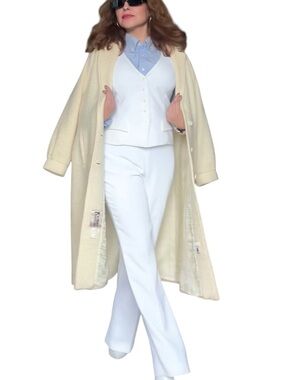 Wool blend Vintage Women's Cream Bouclé Long Trench Coat - S - M